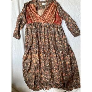 Lisa Taylor Silk Cotton S/M V neck Long Sleeve Dress Boho Lagenlook Brown Maroon